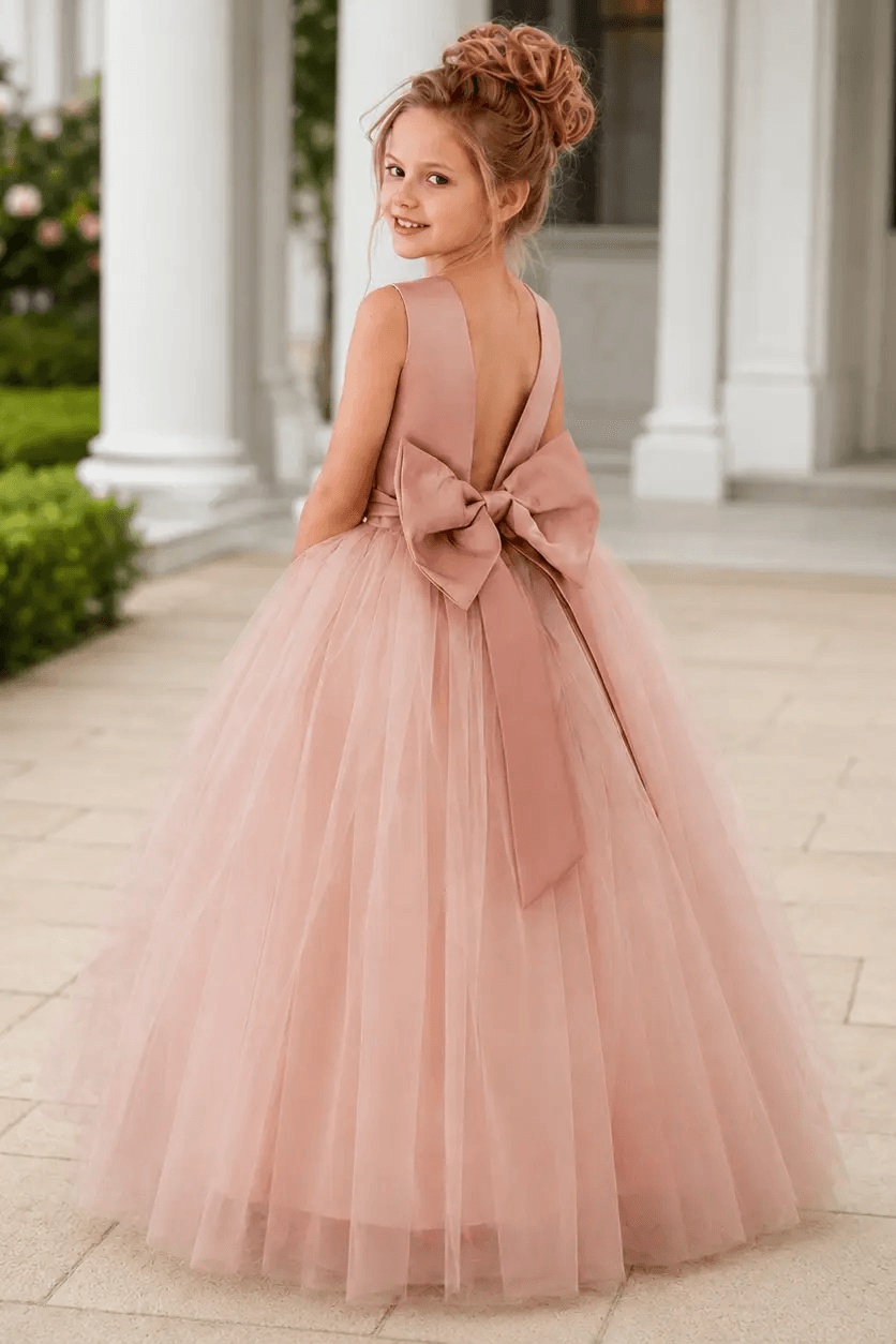 Satin Sleeveless Round Neck V-Back Bow Floor Length Flower Girl Dresses 772100832769 - 7 Days / As Picture / 100cm - COCOMELODY