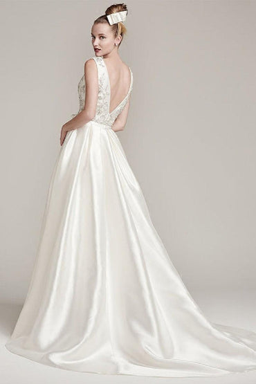 A-Line Sweep-Brush Train Satin Wedding Dress 611222896440 - COCOMELODY