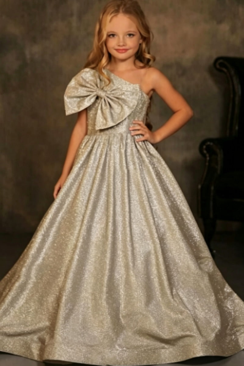 One Shoulder Large Bow Glitter Floor Length Flower Girl Dresses 699891566672