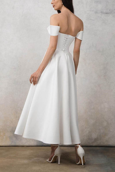 A-Line Tea Length Satin Little White Dress 100042 - COCOMELODY