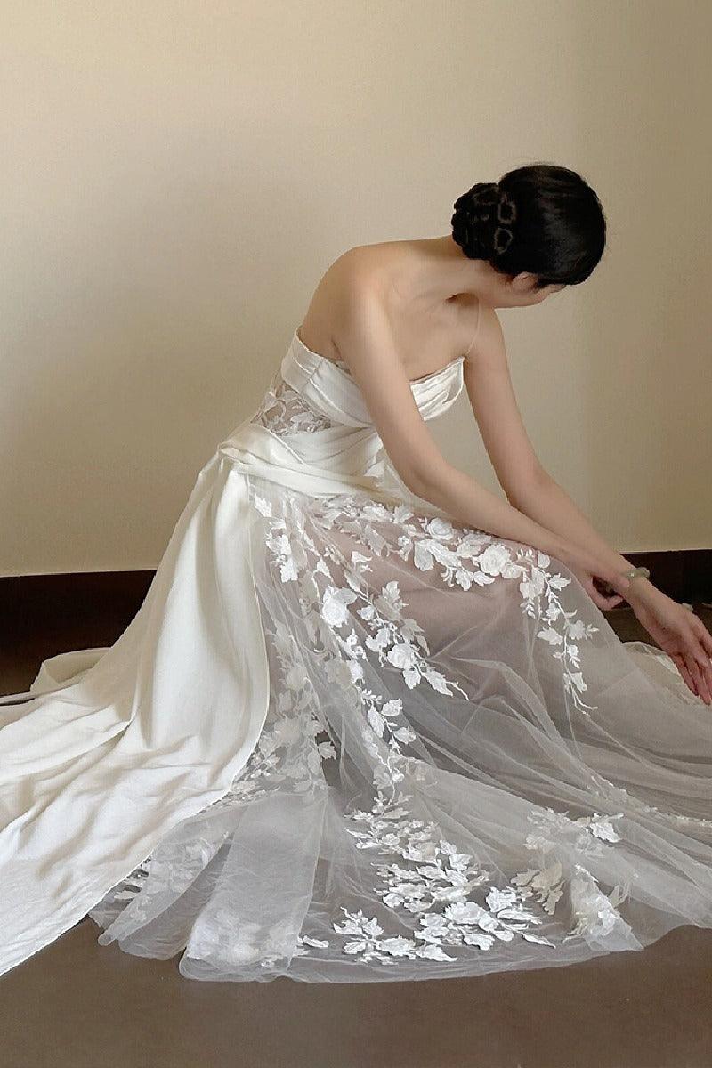 Sheath-Column Sweep-Brush Train Lace Satin Wedding Dress 783313297177 - COCOMELODY