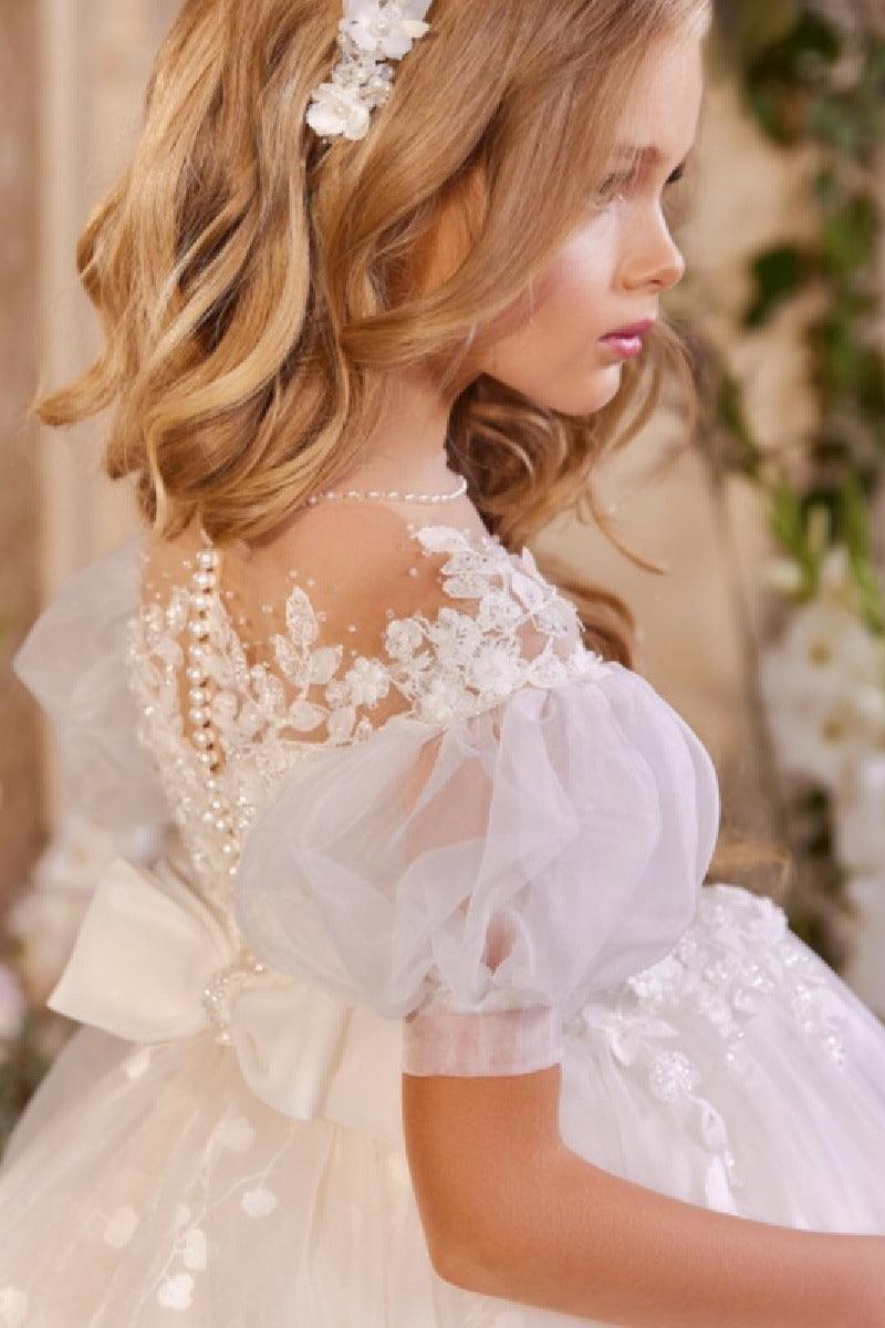 A-Line Illusion Neck Puff Sleeves Tulle Flower Girl Dresses With Bow(s) 808548412340 - COCOMELODY