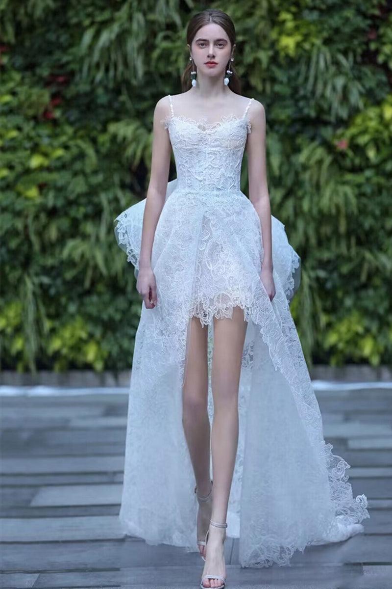 Sheath-Column High-Low Lace Wedding Dress 724377538001 - COCOMELODY