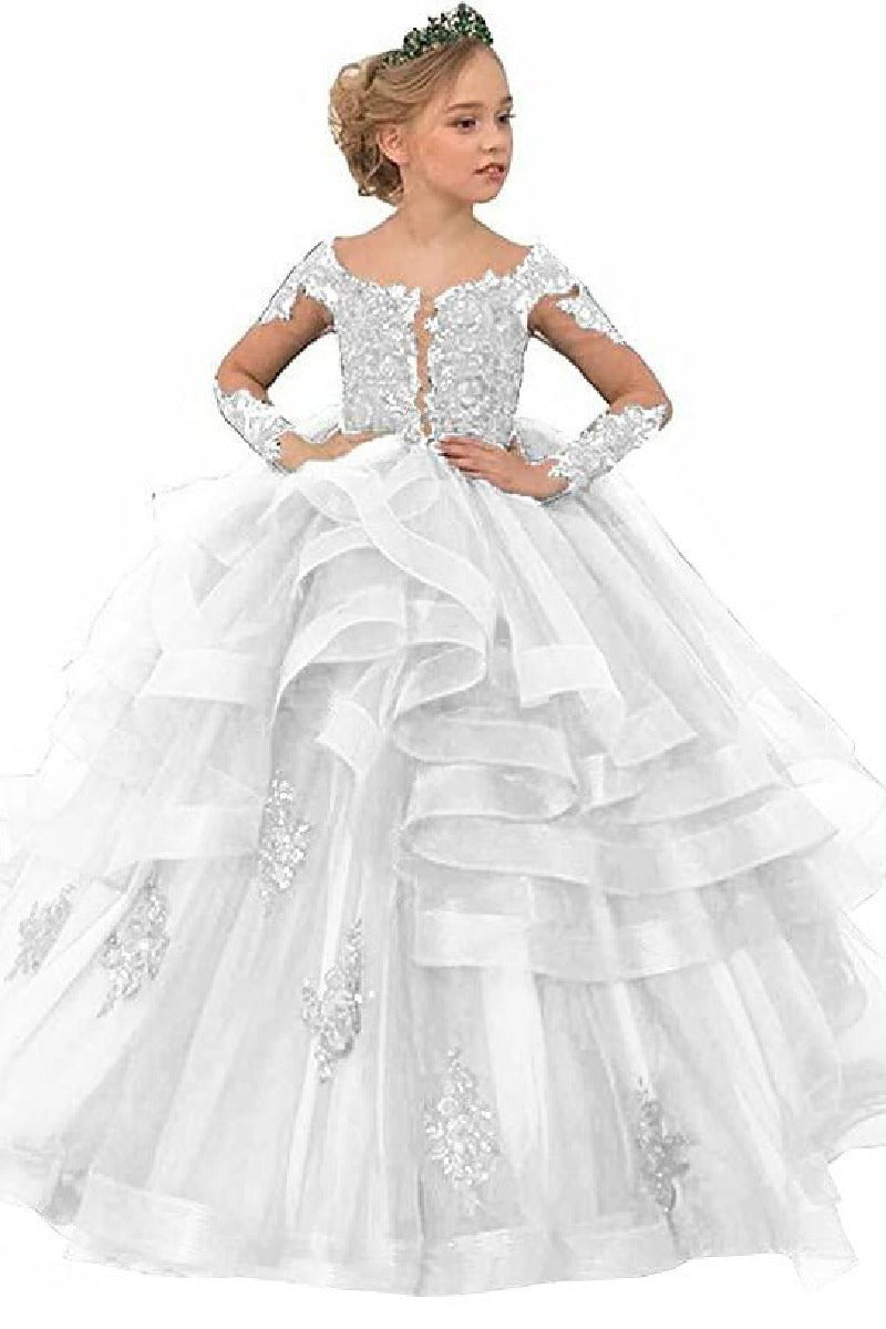 A-Line Off The Shoulder Long Sleeve Tulle Floor Length Flower Girl Dresses 617925271837