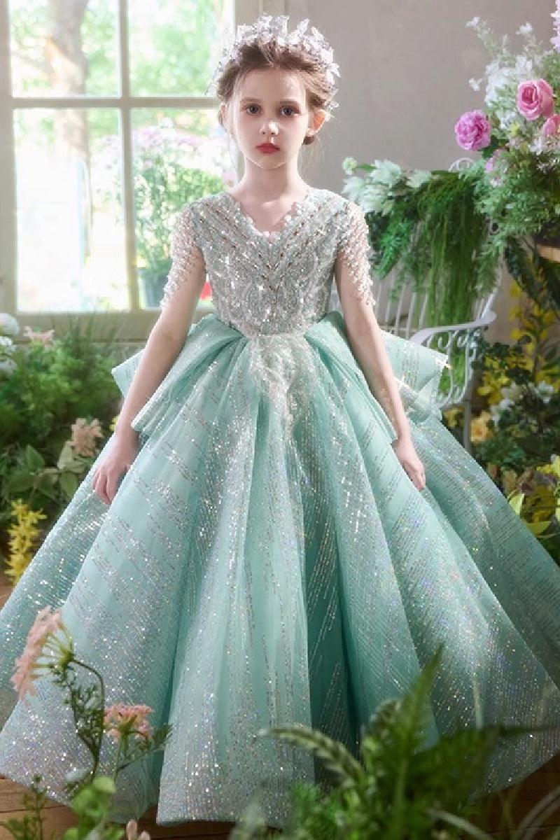 A-Line V-Neck Cap Sleeve Sparkle Tulle Floor Length Flower Girl Dresses 993037422575 - 7 Days / 100cm / Green - COCOMELODY