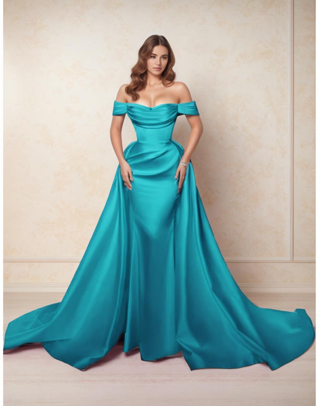 A-Line Chapel Train Satin Prom Dress CS0416 - COCOMELODY
