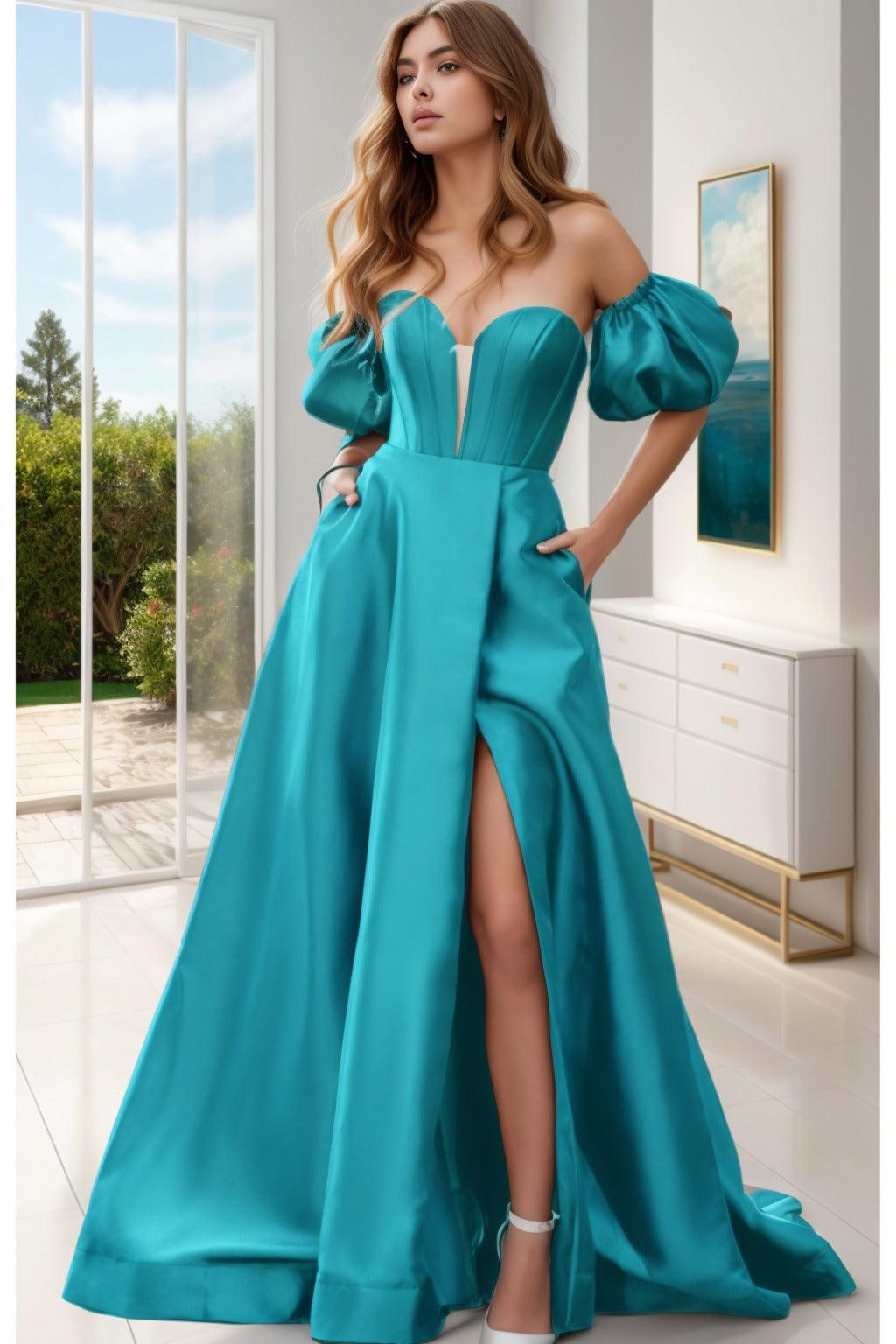 A-Line Sweep-Brush Train Satin Prom Dress CS0448 - COCOMELODY