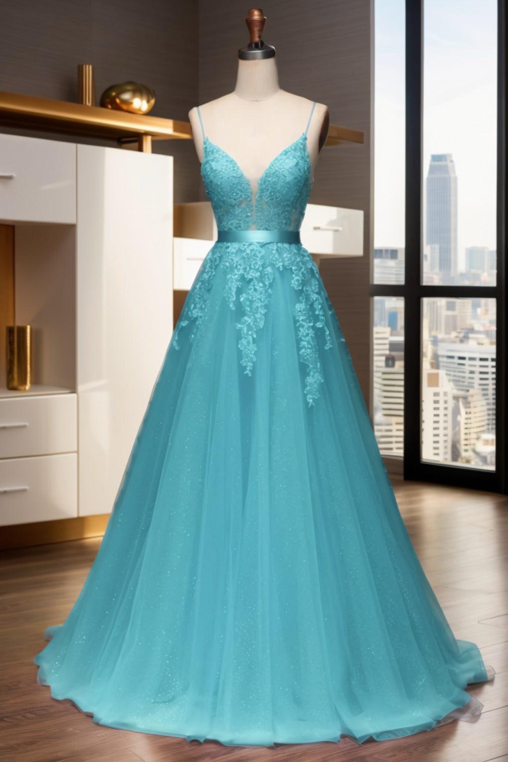 A-Line Sweep-Brush Train Tulle Prom Dress CS0464 - COCOMELODY