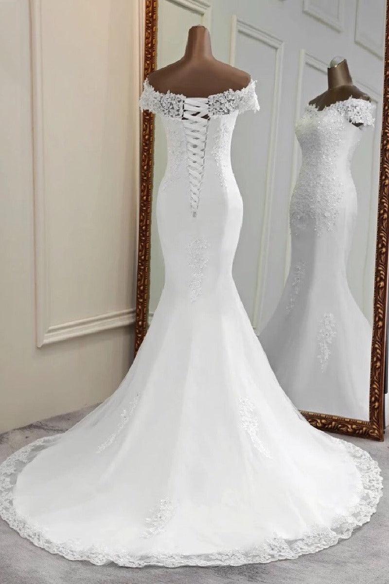 Trumpet-Mermaid Sweep-Brush Train Lace Tulle Wedding Dress 670594800287 - COCOMELODY
