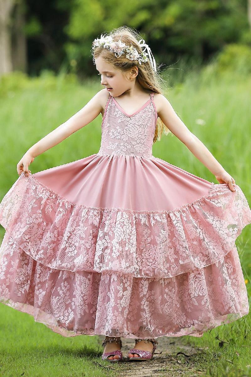 A-Line V-Neck Neckline Sleeveless Maxi Chiffon Flower Girl Dresses 751591439858