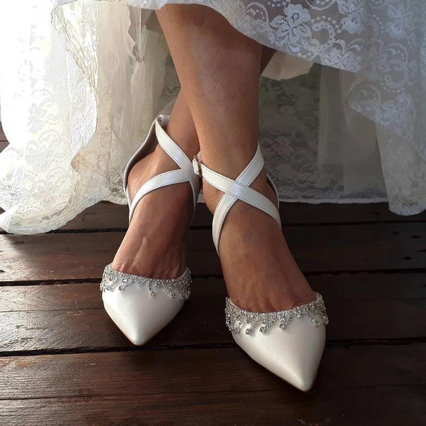 Pointed Toe Dress Flats Crisscross Ankle Strap Crystal Trim Shoes 857237211514