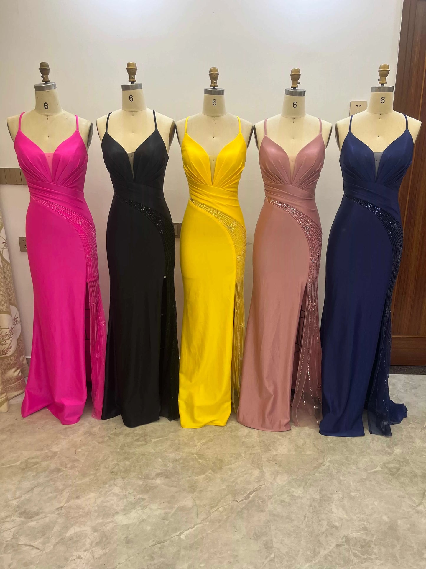 Illusion V Neck Top Metallic Prom Dresses CS0938