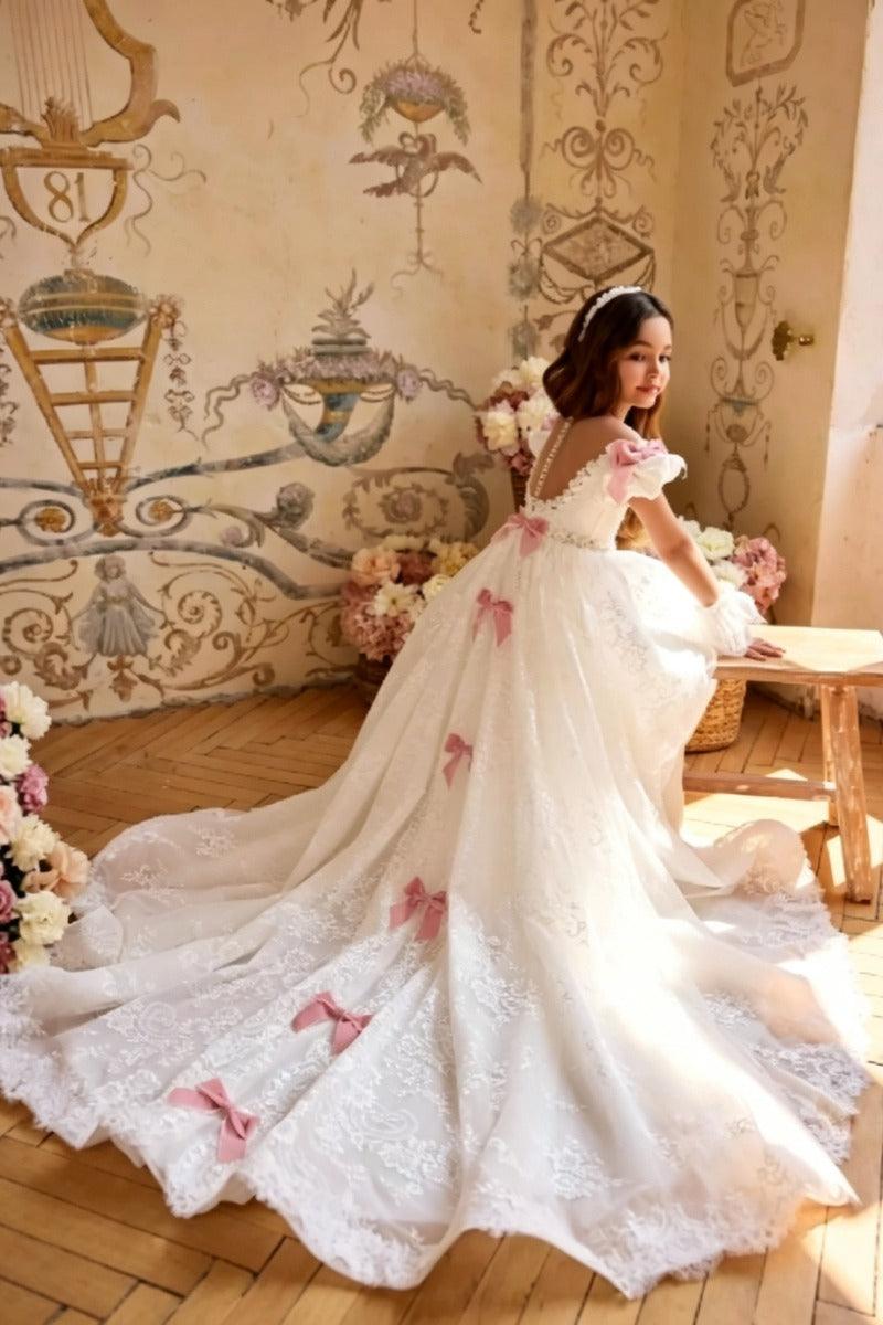 A-Line Off-Shoulder Tulle with Pink Bows Flower Girl Dresses 769956751133 - 15 Days / White / 2 - COCOMELODY