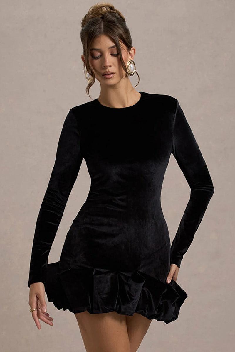 Velvet round neck three-dimensional pleated hem cocktail dress 839933653307 - COCOMELODY