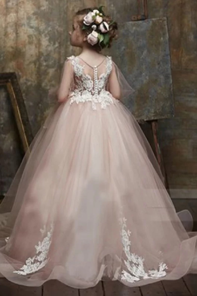 Round Neck Puff Long Sleeve Floral Lace Tulle Flower Girl Dresses 617837002510