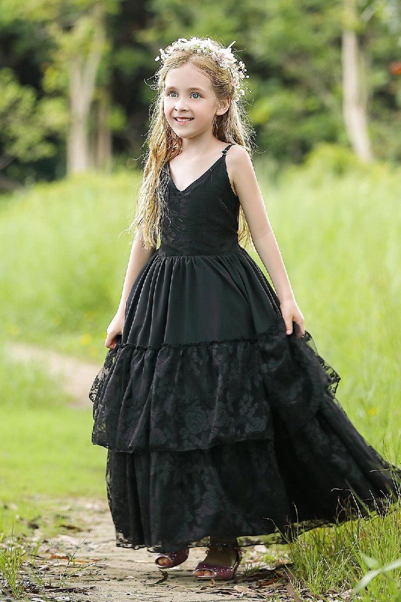 A-Line V-Neck Neckline Sleeveless Maxi Chiffon Flower Girl Dresses 751591439858
