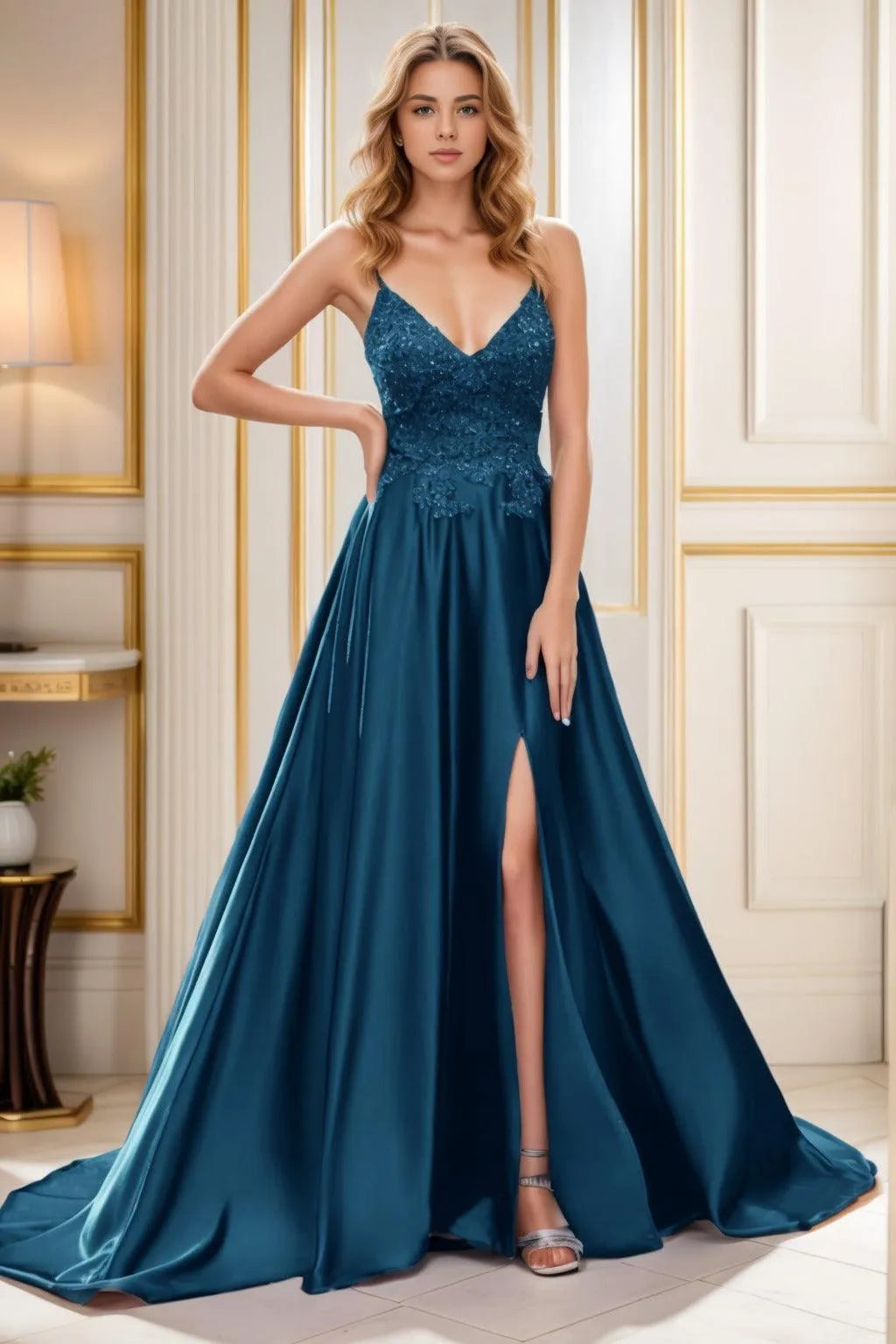 A-Line Court Train Satin Prom Dress CS0460 - COCOMELODY