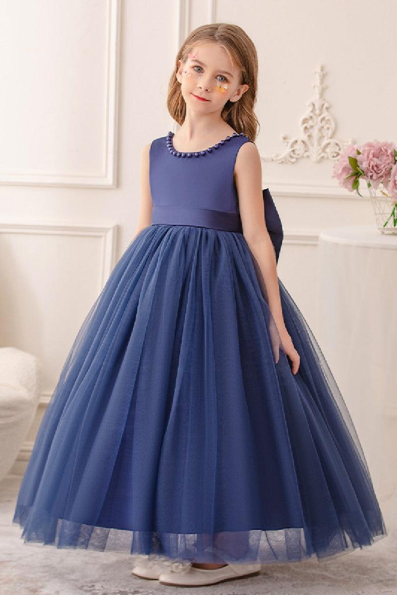 A-Line Scoop Neck Satin/Tulle Flower Girl Dresses With Bow(s)/Beading 752041855392 - COCOMELODY