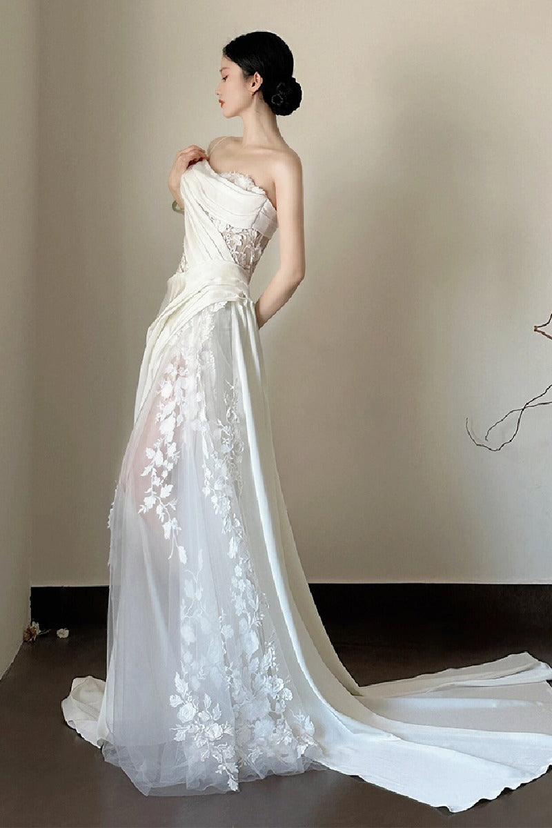 Sheath-Column Sweep-Brush Train Lace Satin Wedding Dress 783313297177 - COCOMELODY