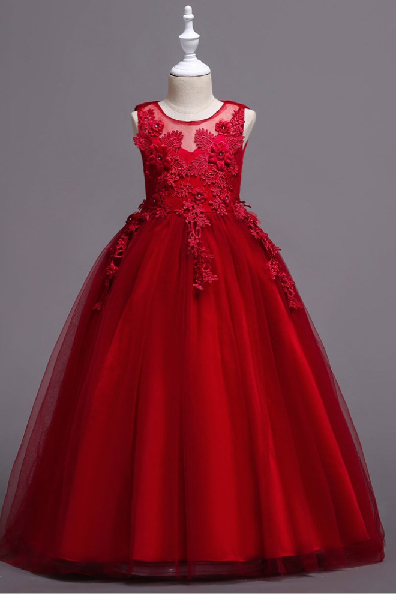 A-Line Sleeveless Illusion Neck Floral Lace Floor Length Tulle Flower Girl Dresses 1031510840167