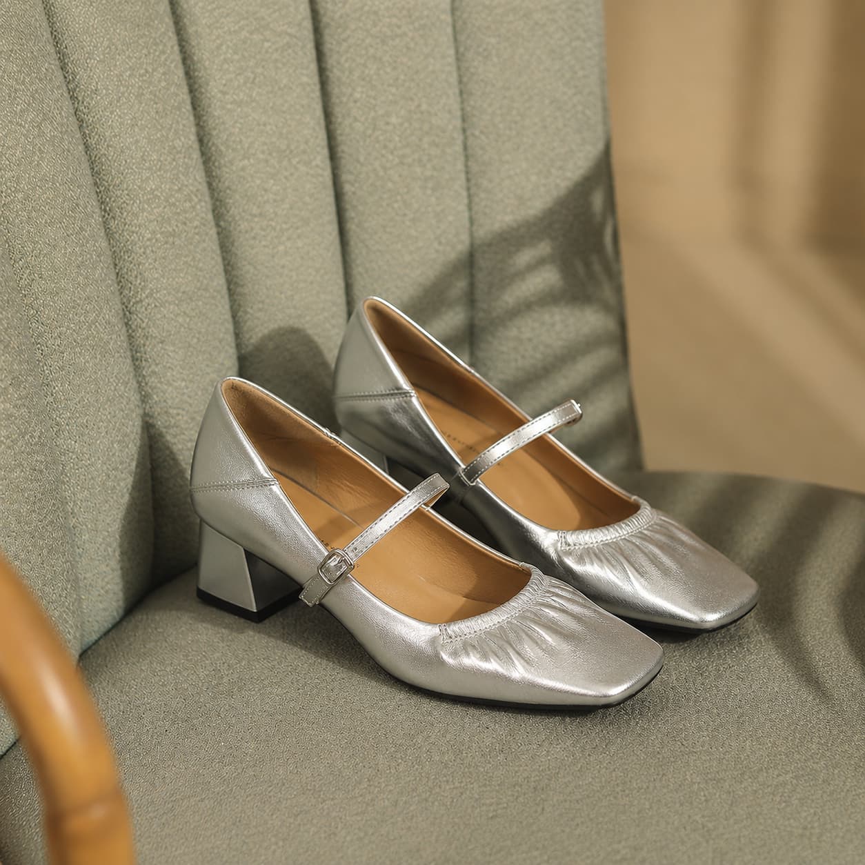 Comfortable Square Toe Mary Jane Block Heel Ruched Strap Shoes 676751558168
