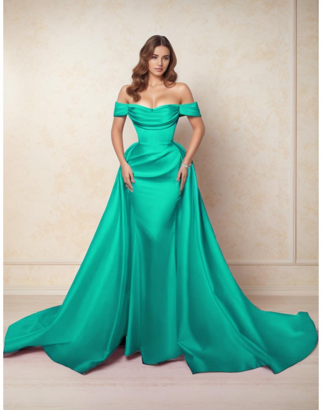 A-Line Chapel Train Satin Prom Dress CS0416 - COCOMELODY