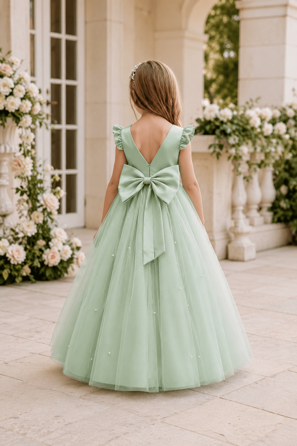 Romantic Tulle with Bow Back Pearl Accents Flower Girl Dresses 1029322248393