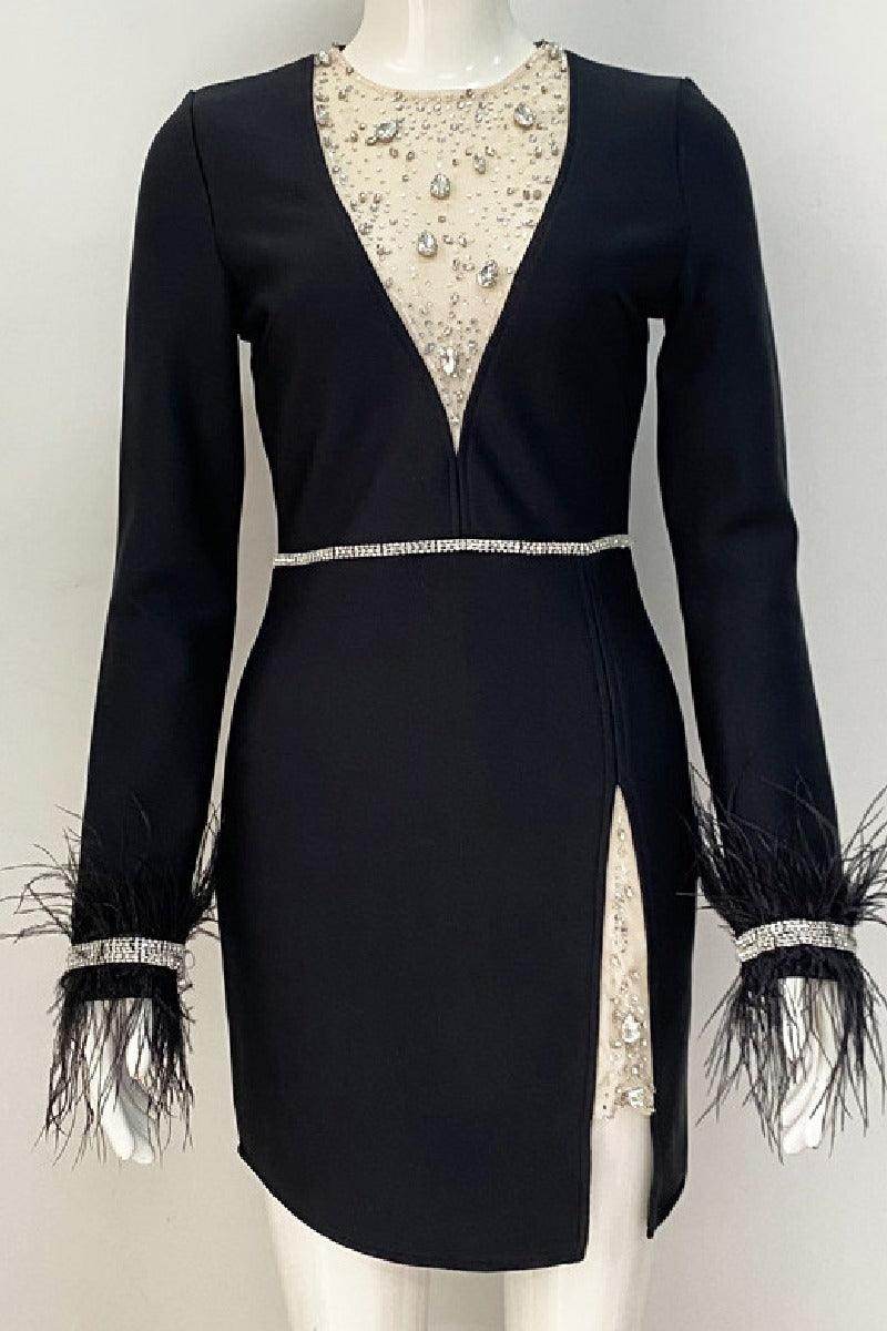 Feathered long sleeve little black dress bandage cocktail dress 799166656038 - COCOMELODY