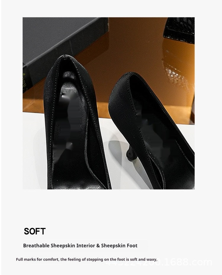 3D Flowers black Satin Pointy Stiletto Heels 769556407493 - COCOMELODY