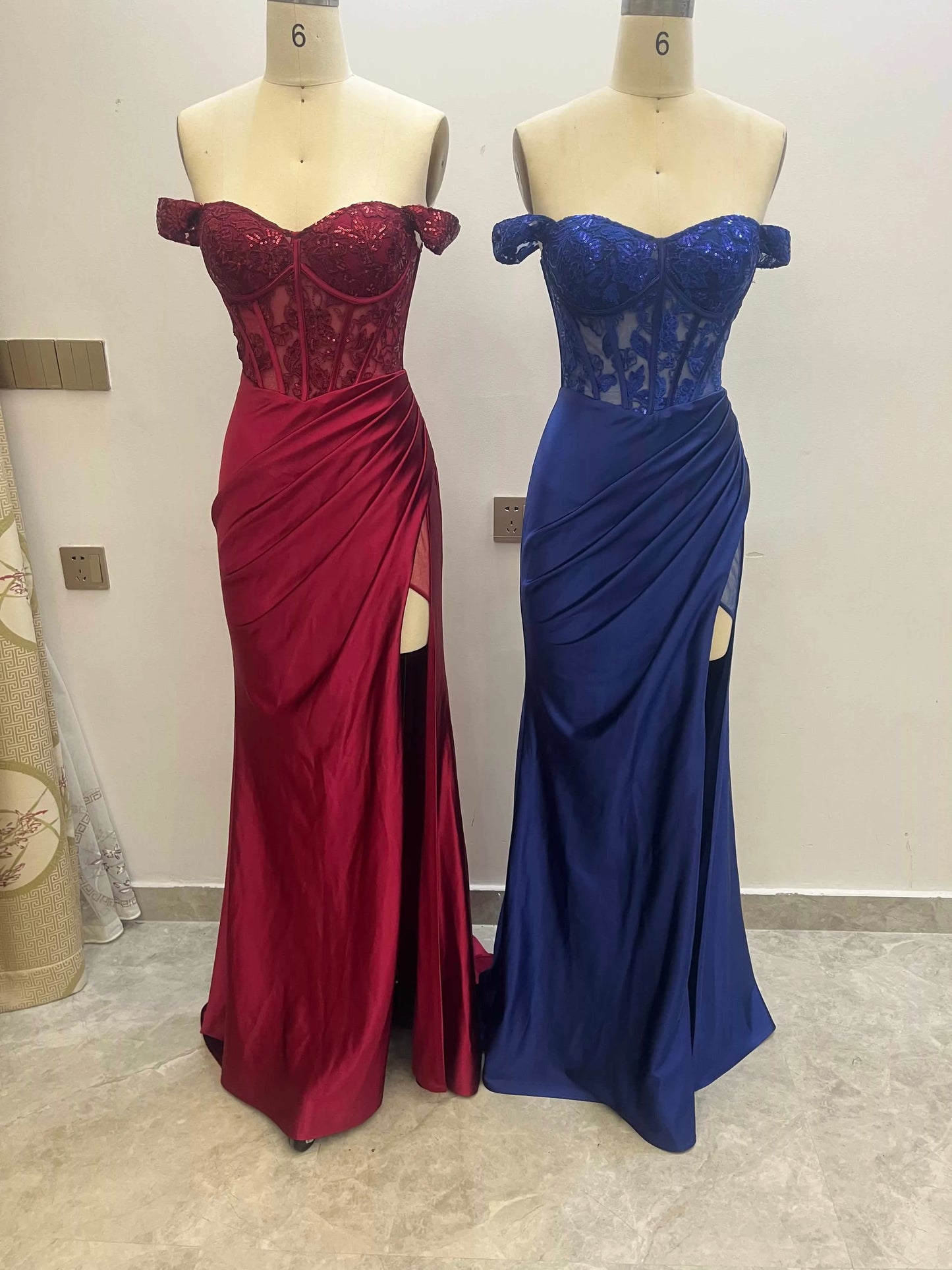 Off The Shoulder Bodice Top Satin Prom Dresses CS0940
