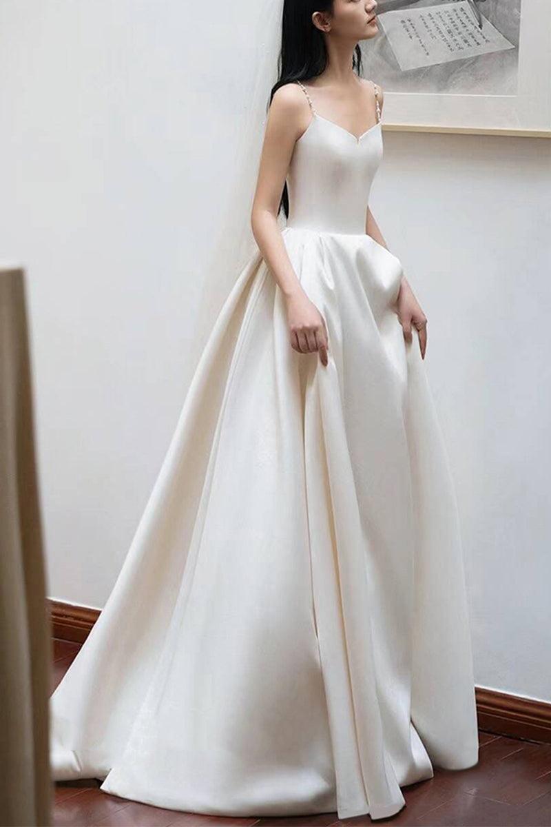 A-Line Sweep-Brush Train Satin Wedding Dress 803828592874 - COCOMELODY
