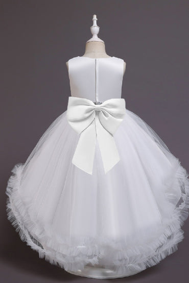 Princess Scoop Neck Sleeveless Hi-Low Tulle Pom Poms Flower Girl Dresses 1029780202104