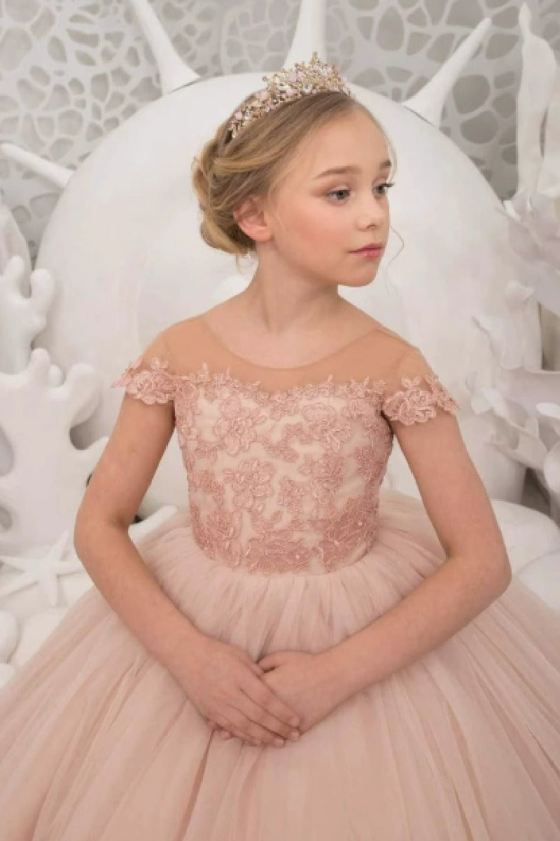 A-Line Illusion Cap Sleeve Ruffle Tulle Sweep-Brush Train Flower Girl Dresses 709465104920