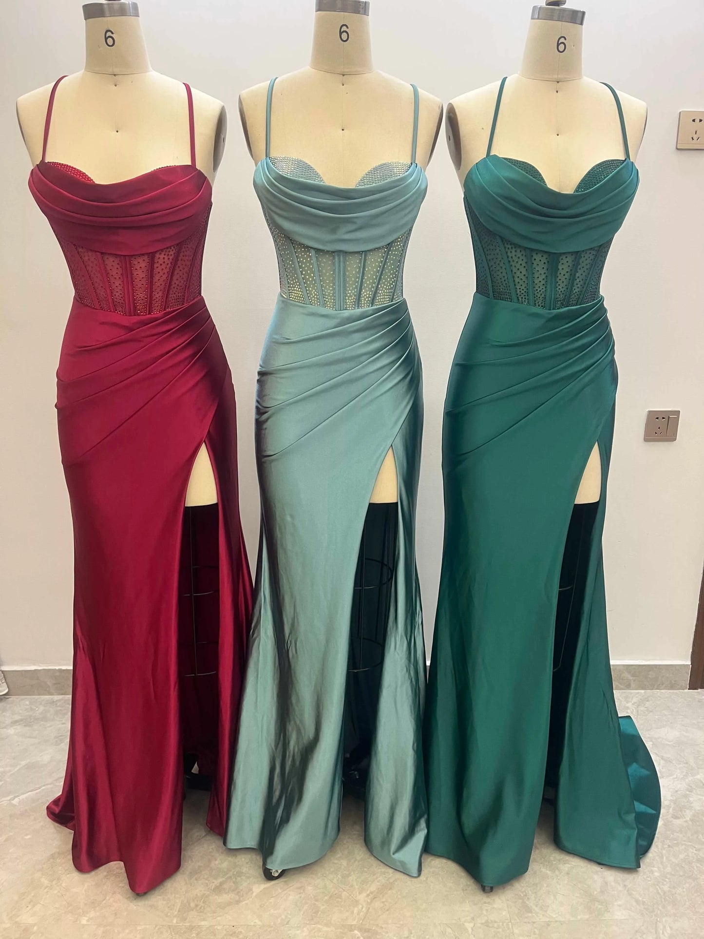 See Through Pleated Stretch Satin Maxi Prom Dresses With Slit CS0941
