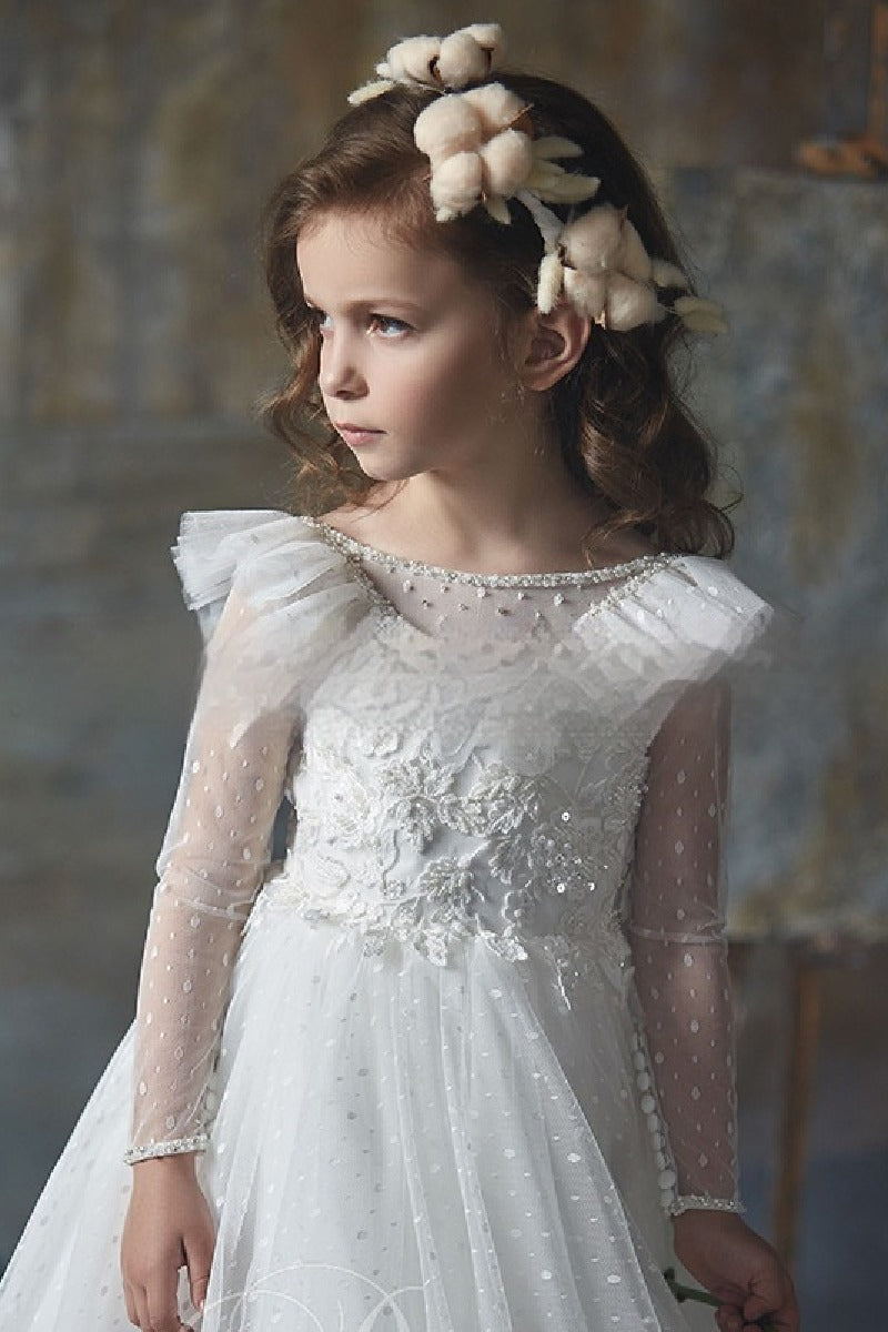 Dot Sheer Long Sleeve Sweep-Brush Train Tulle Flower Girl Dresses 631984909444