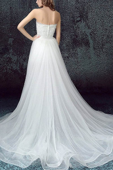 A-Line Sweep-Brush Train Lace Tulle Little White Dress 100049 - COCOMELODY