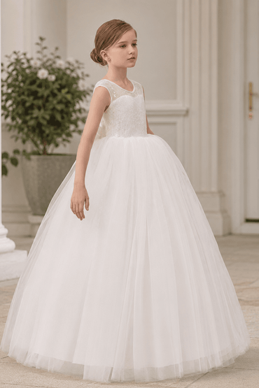 Elegant Lace Bodice Illusion Neckline Bow Back Tulle Flower Girl Dresses 901111463292 - 7 Days / Ivory / 130cm - COCOMELODY