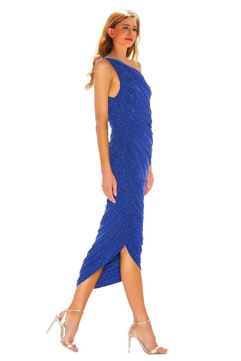Silver wire pleated oblique shoulder cocktail dress 752479154321 - COCOMELODY