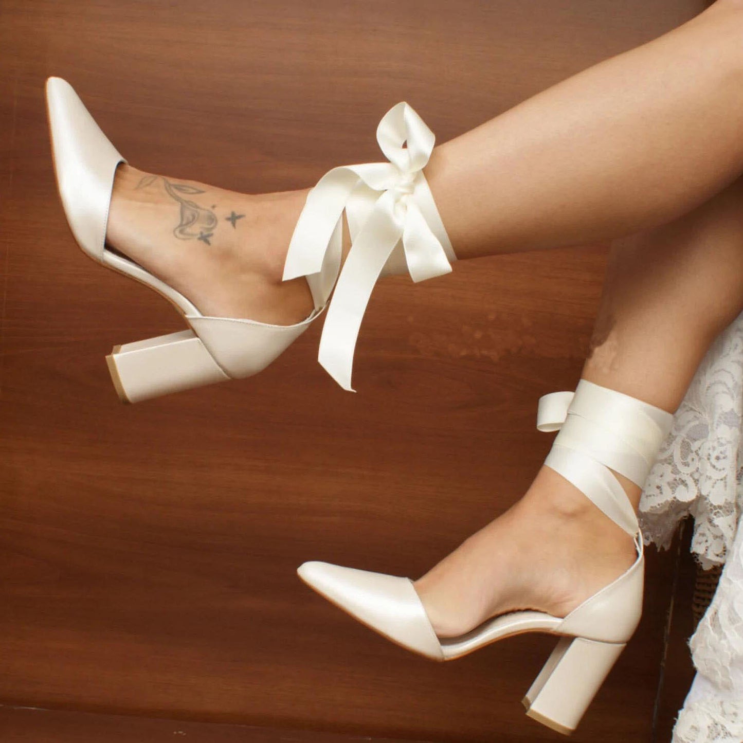 Ivory Satin Bow Ankle Strap Pointy Block Heel Shoes 709312934879