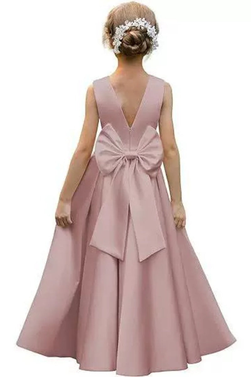 Elegant Satin Pearl Waist Pleated Skirt Bow Back Flower Girl Dresses 807252665221