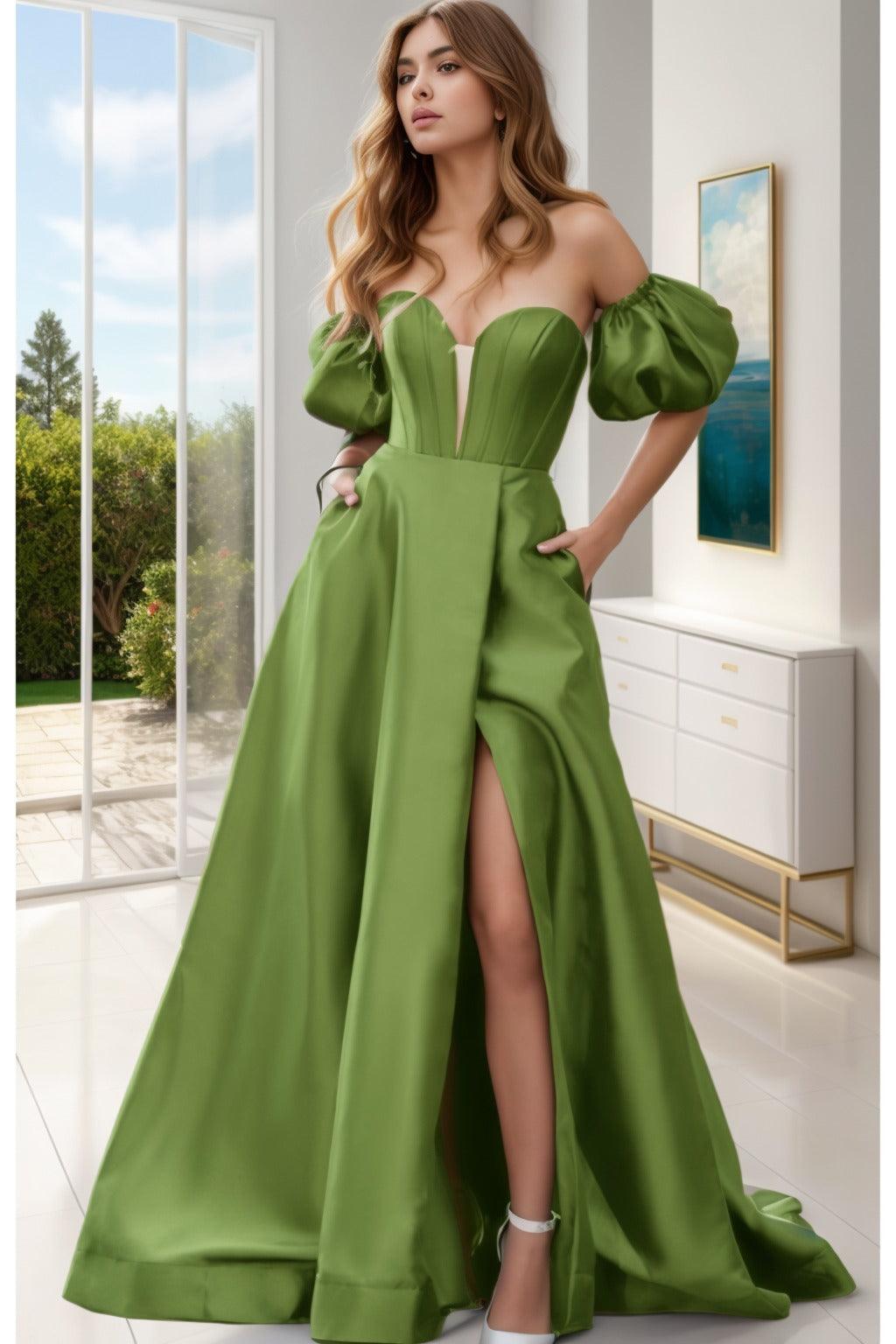 A-Line Sweep-Brush Train Satin Prom Dress CS0448 - COCOMELODY