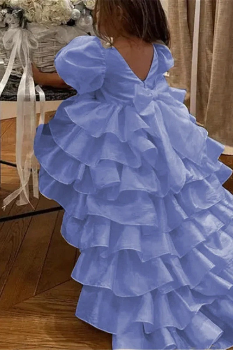 Romantic High-Low Train Tiered Ruffles Back Bow Flower Girl Dresses 950388949190