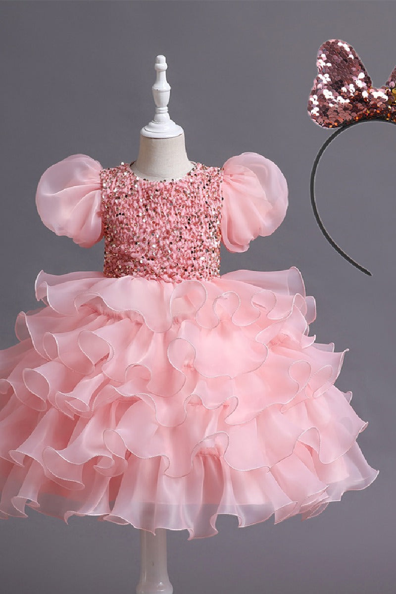 Princess Round Neck Puff Sleeve Sequin Ruffled Organza Knee Length Flower Girl Dresses 1029252510739