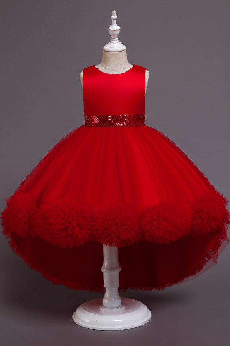 Princess Scoop Neck Sleeveless Hi-Low Tulle Pom Poms Flower Girl Dresses 1029780202104