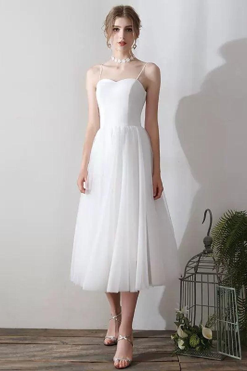 A-Line Tea Length Lace Tulle Wedding Dress 862471719437 - COCOMELODY