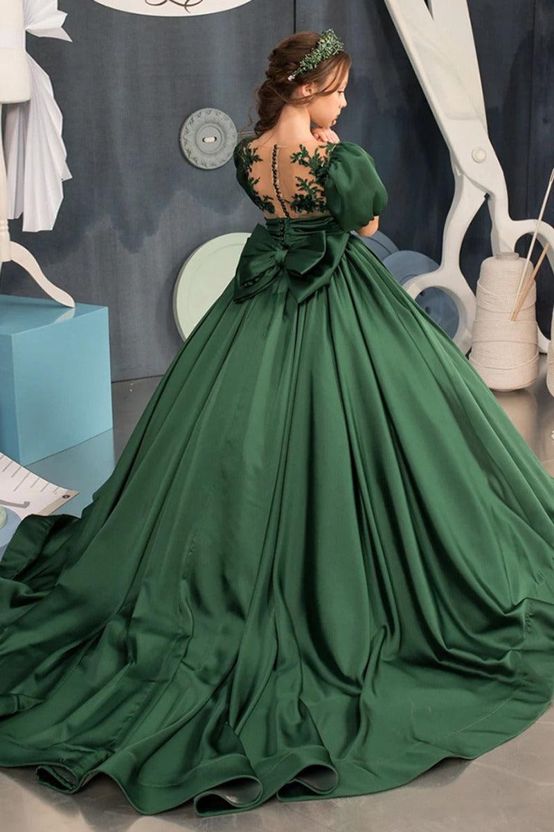 A-Line Illusion Neck Satin Puff Sleeve Flower Girl Dresses 699196034101 - 10 Days / Green / 2 - COCOMELODY