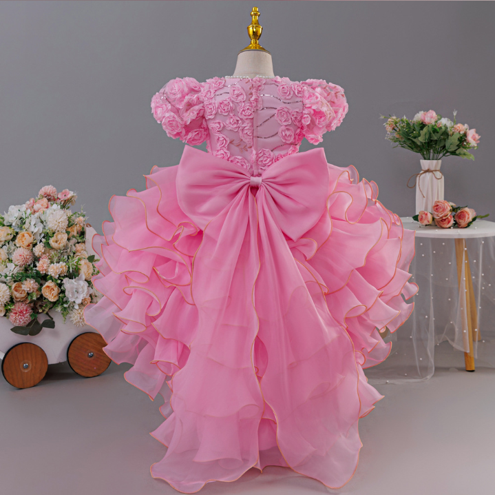 Princess Pearl Round Neck Short Puff Bubble Sleeve Ruffled Hi-Low Tulle Flower Girl Dresses 1030620832344