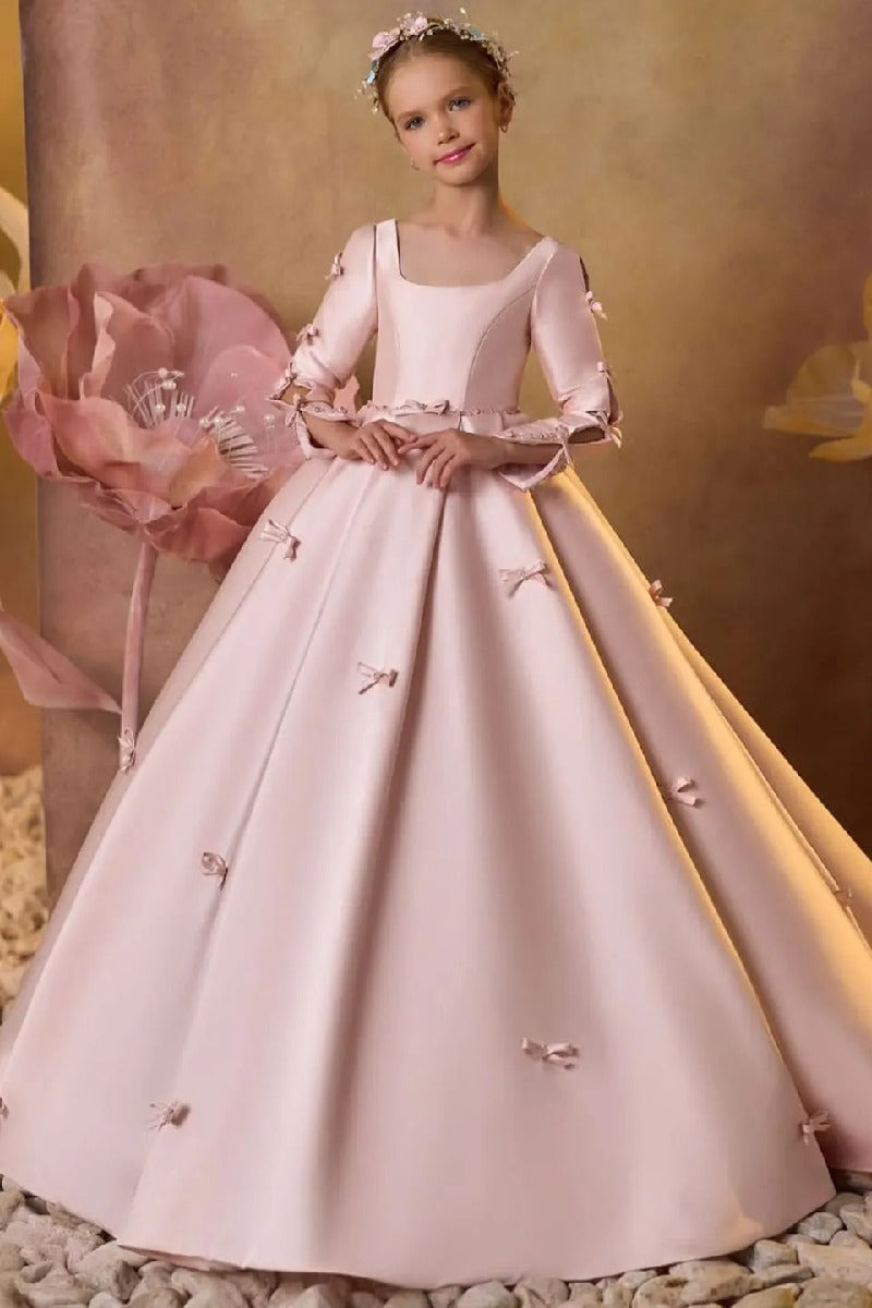 Square Neck Mini Bow Applique Satin Flower Girl Dresses 673032897062