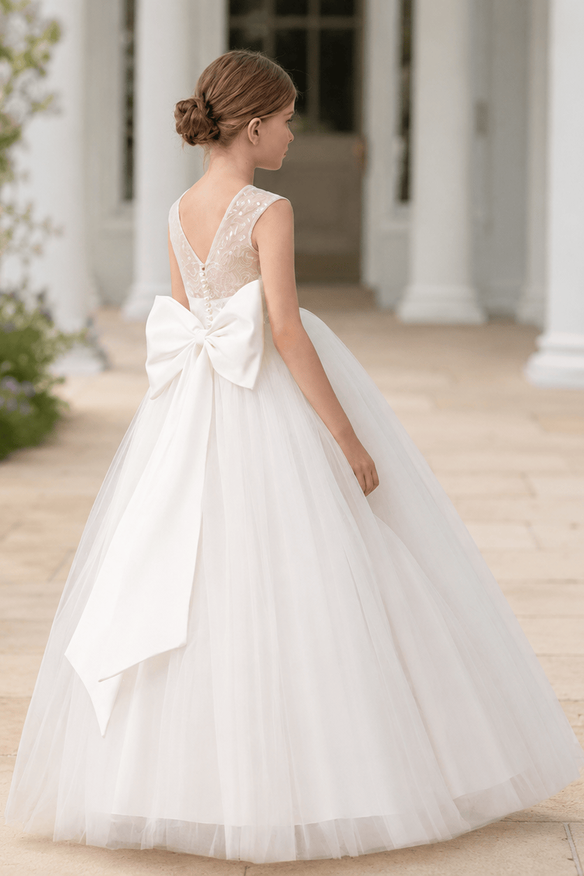 Elegant Lace Bodice Illusion Neckline Bow Back Tulle Flower Girl Dresses 901111463292