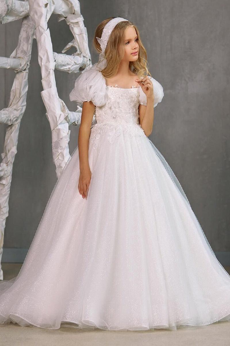 A-Line Square Neck Puff Sleeves Tulle Flower Girl Dresses 748560176475